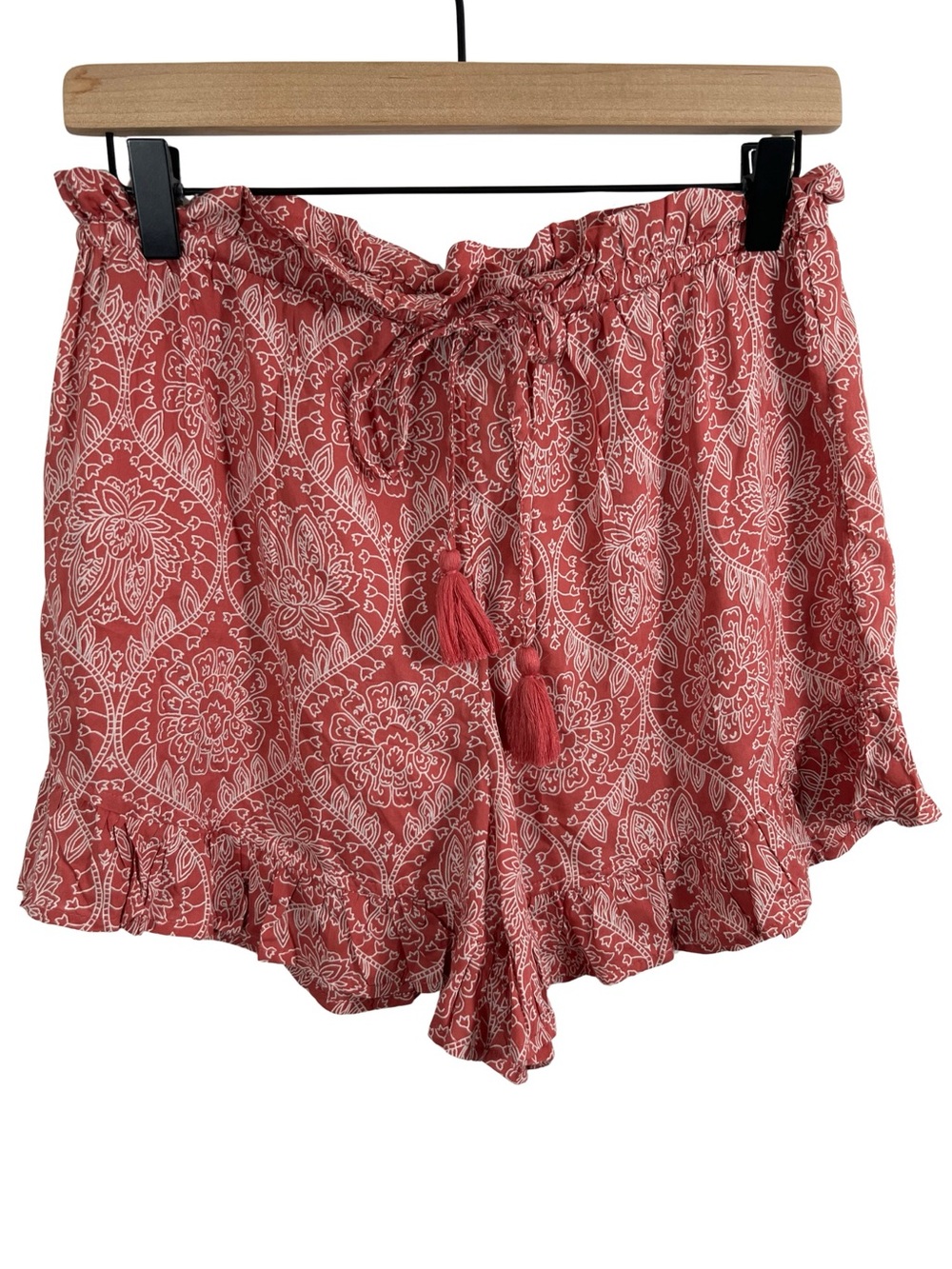 Elan Boho Tassel Tie Ruffle Hem Shorts Womens Medium Pink Floral Festival